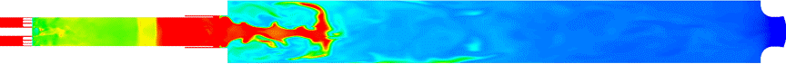 Unsteady density field evolving in the combustor over time